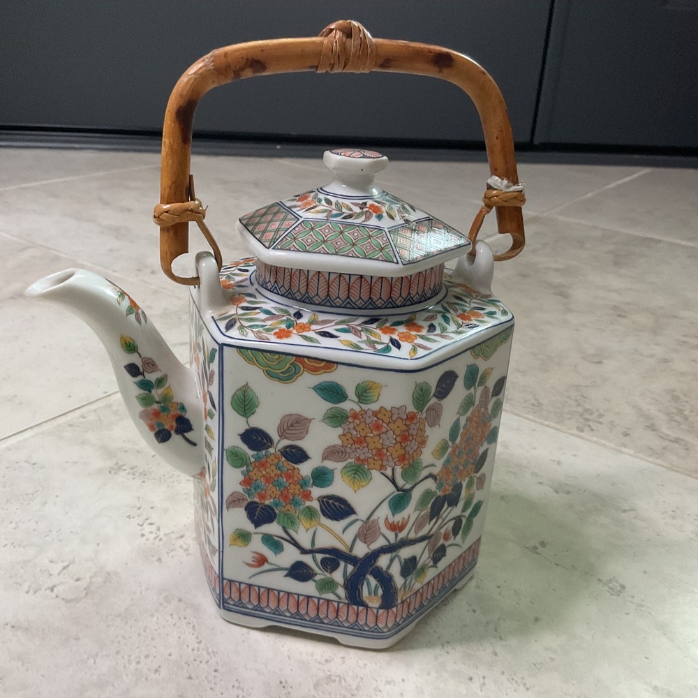 Vintage Japanese Imari Hexagonal Porcelain Teapot Bamboo Handle Floral Hydrangea